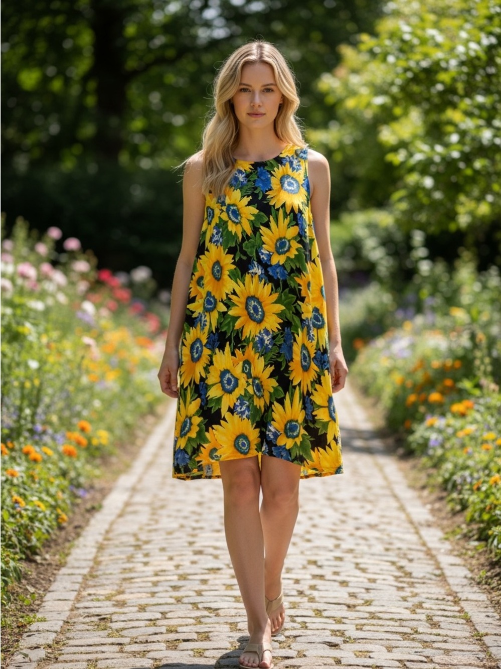 Liz Claiborne Black Sunflower Print Sleeveless Midi Dress